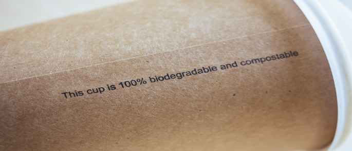 Sustainable food packaging claim on a cup