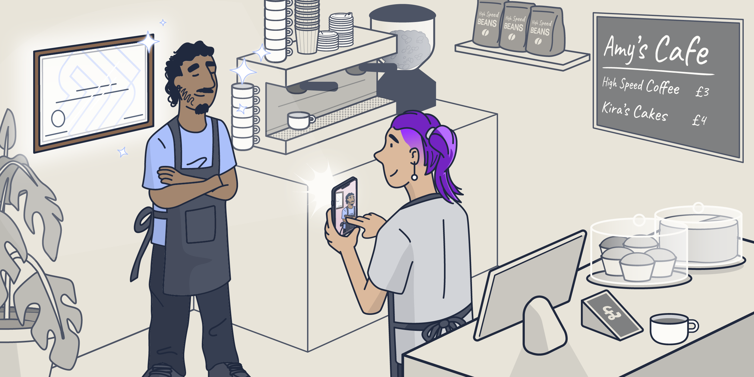 Illustration of a person taking a photo of a colleague with a certificate in the workplace