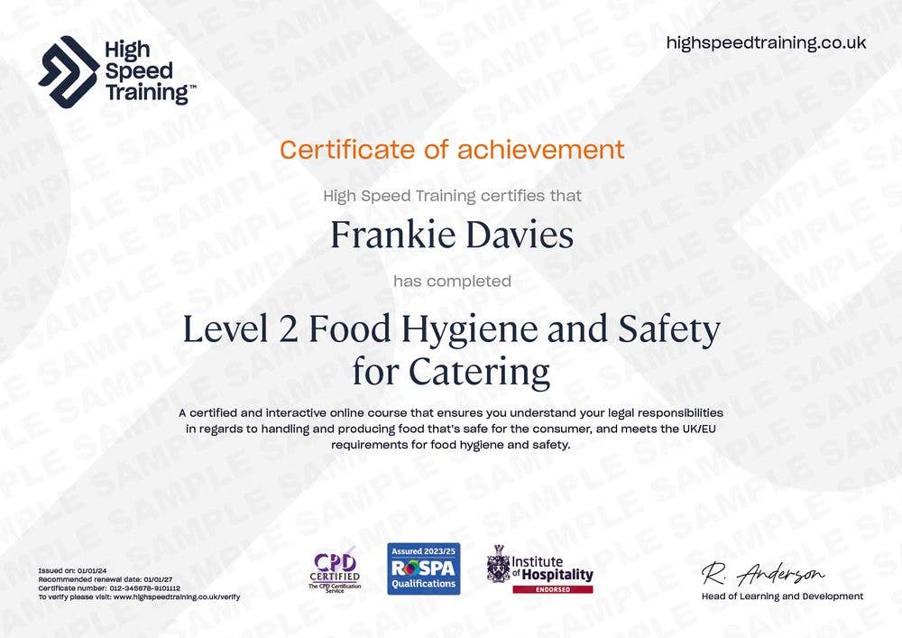 Sample Level 2 Food Hygiene and Safety for Catering Certificate