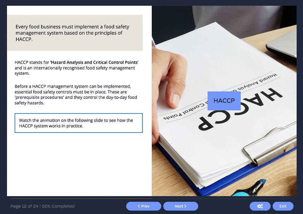 Course screenshot showing HACCP