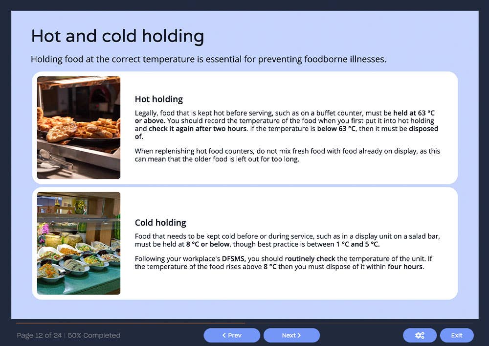 Course screenshot showing hot and cold holding