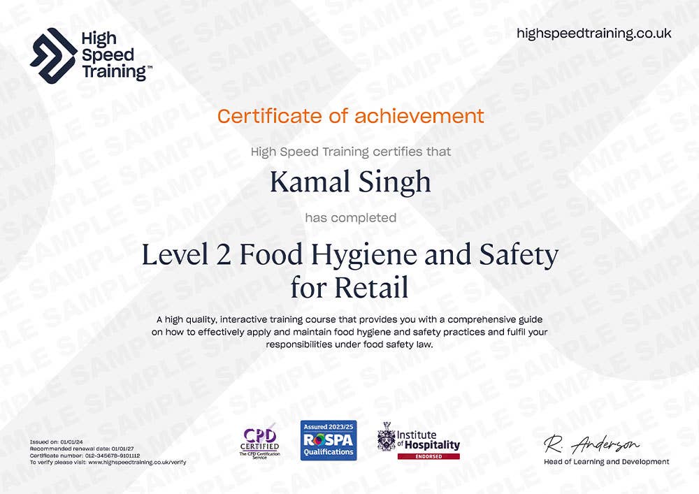 Sample Level 2 Food Hygiene and Safety for Retail Certificate