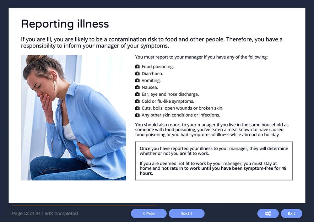Course screenshot about reporting illness
