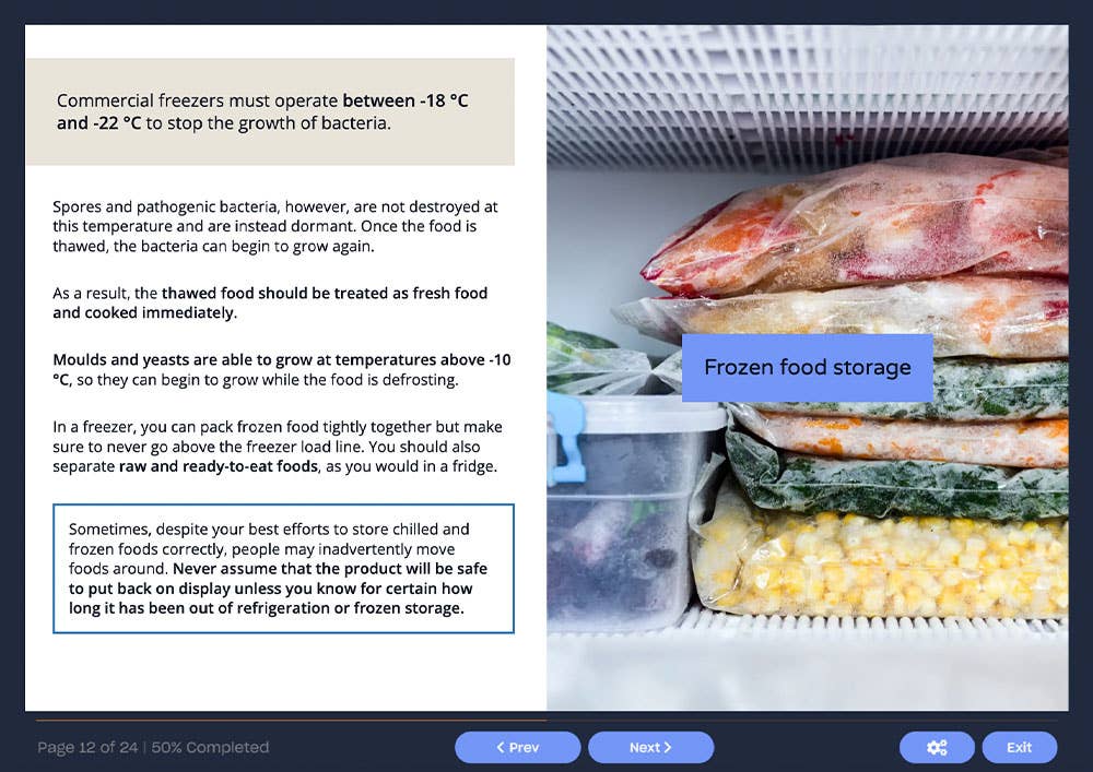 Course screenshot showing frozen food storage