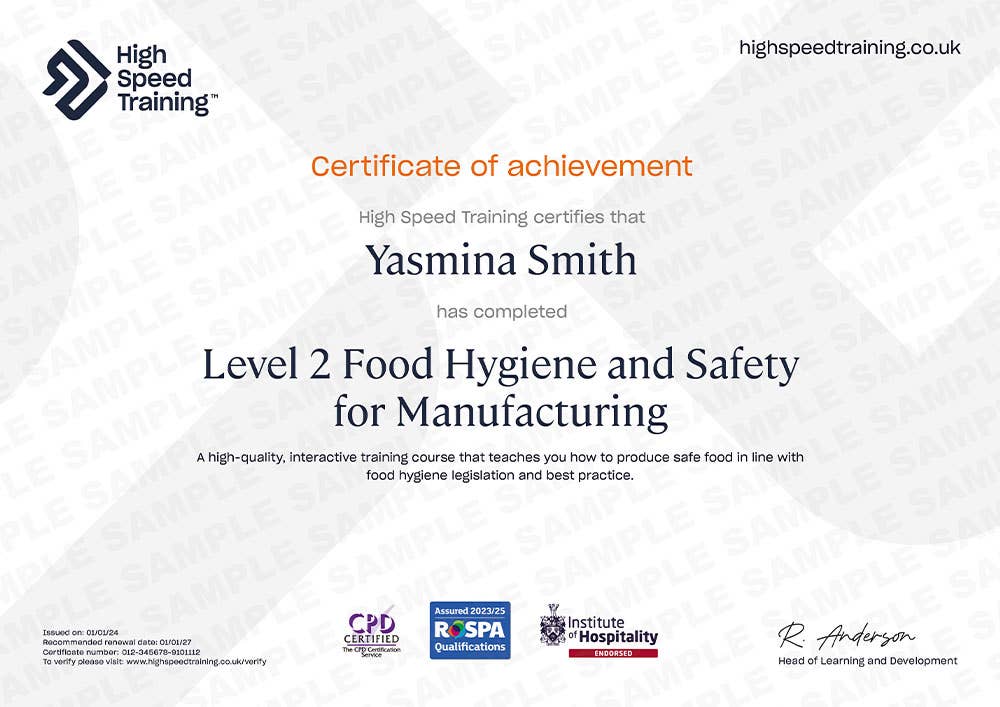 Sample Level 2 Food Hygiene and Safety for Manufacturing certificate