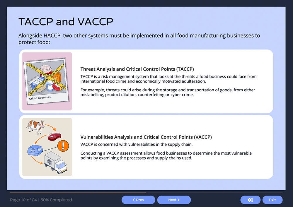 Course screenshot showing TACCP and VACCP