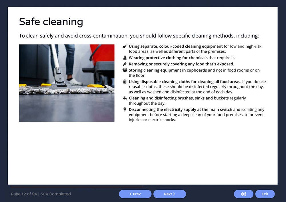 Course screenshot showing safe cleaning