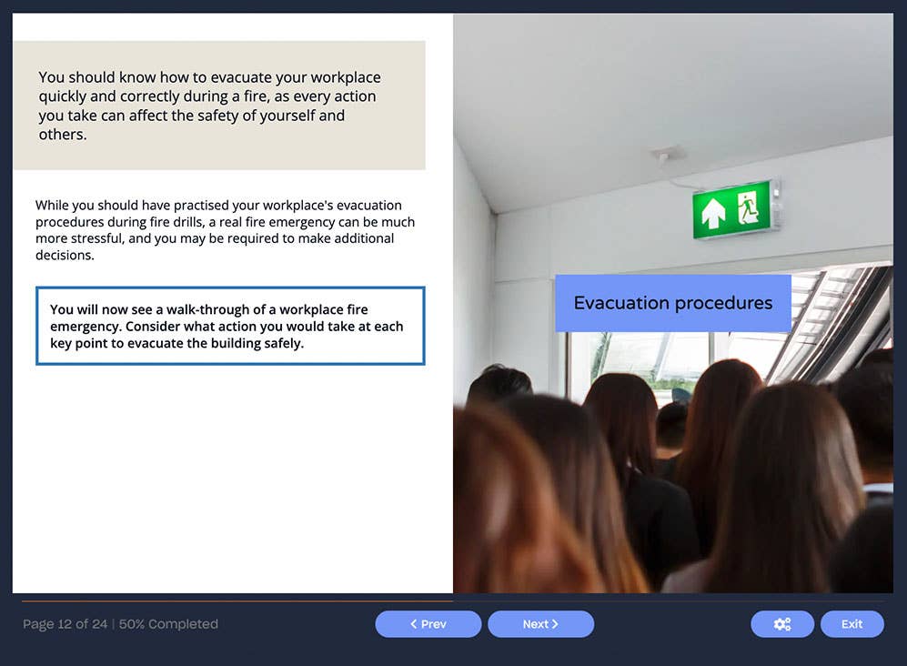 Course screenshot showing evacuation procedure