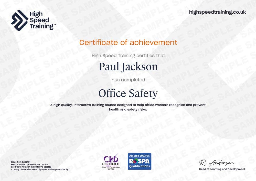 Office Health and Safety - Example Certificate