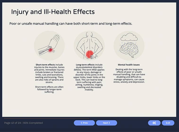 Course screenshot showing injury and ill-health effects