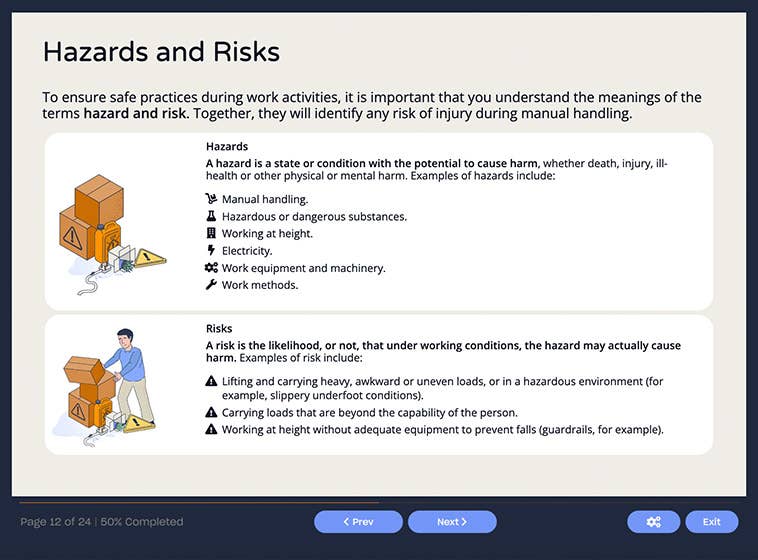 Course screenshot showing hazards and risks