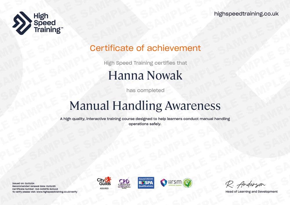 Sample Manual Handling Awareness Certificate