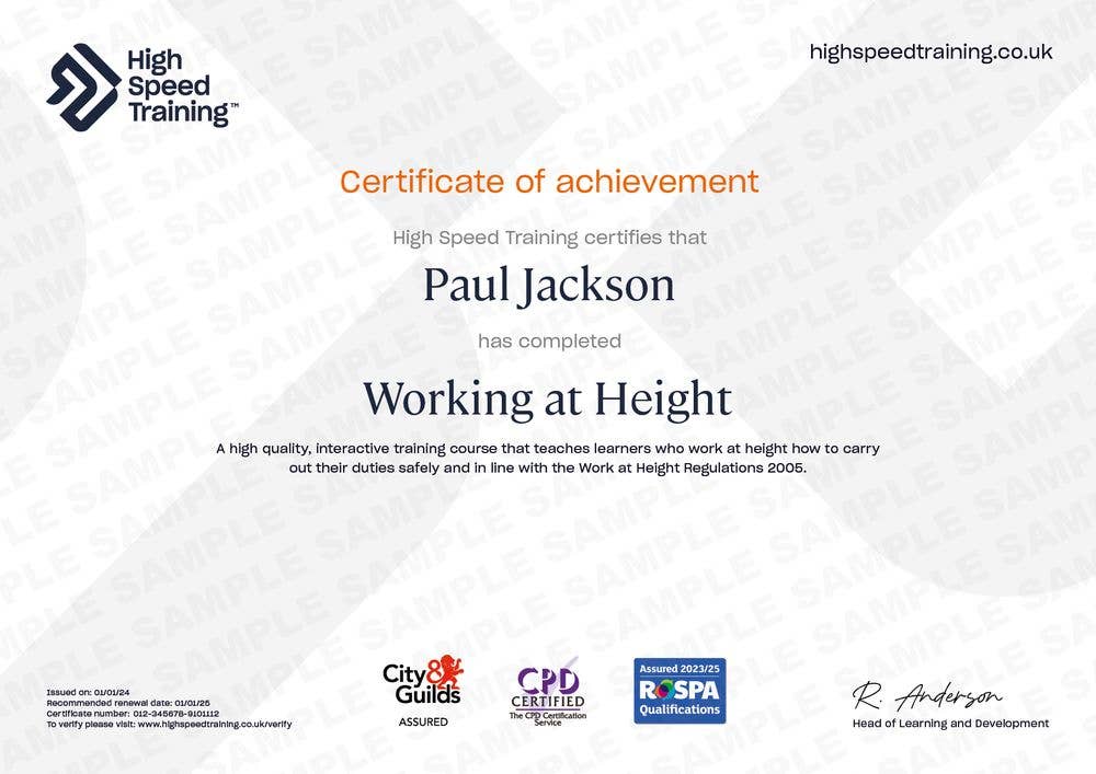 Sample Working at Height certificate