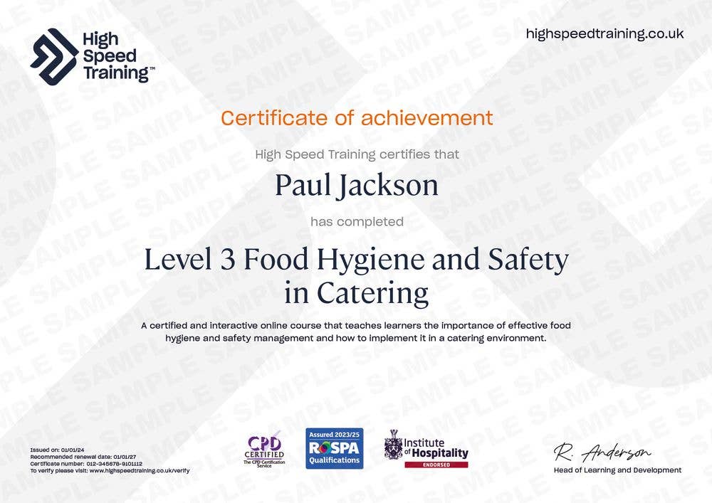 Sample Level 3 Food Hygiene and Safety in Catering