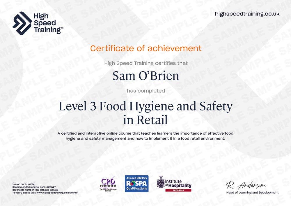 Sample Level 3 Food Hygiene and Safety in Retail certificate