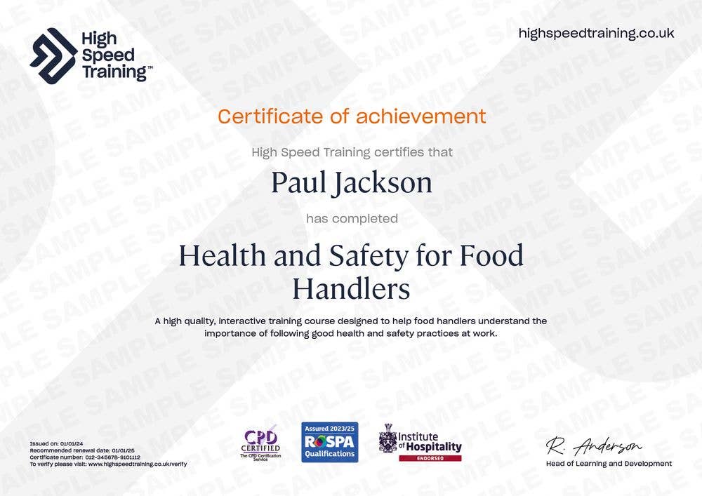 Health and Safety for Food Handlers - Example Certificate