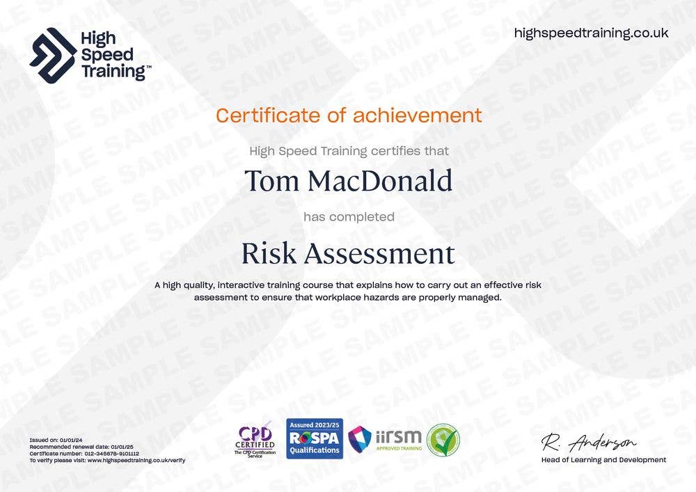 Risk Assessment certificate screenshot