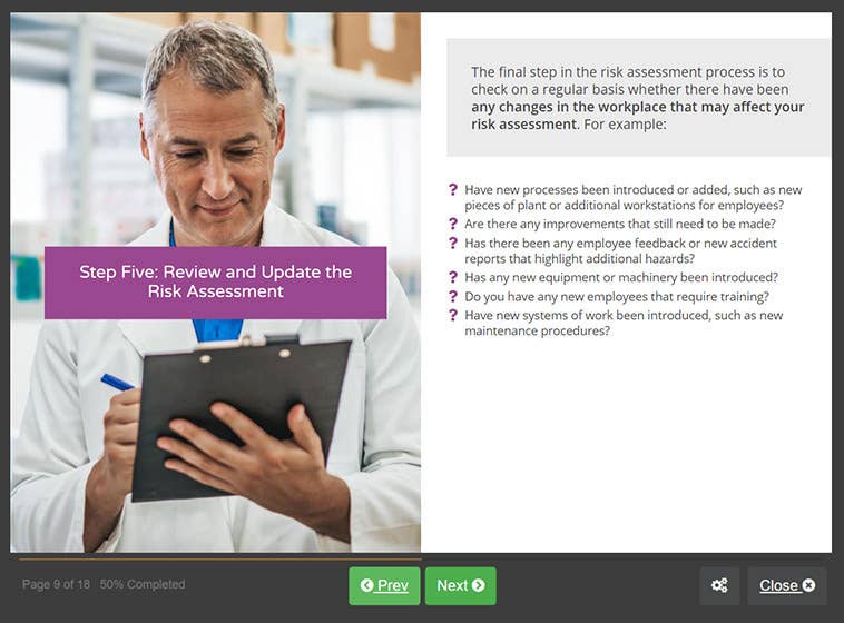 Course screenshot showing how to review and update the risk assessment