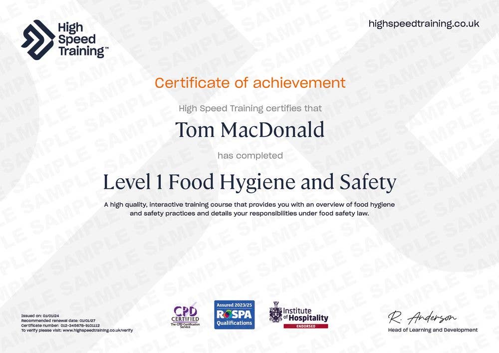 Sample Level 1 Food Hygiene and Safety Certificate