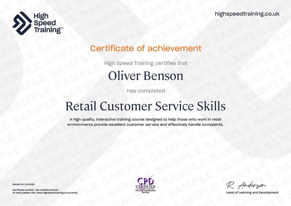 Retail Customer Service Skills - Example Certificate