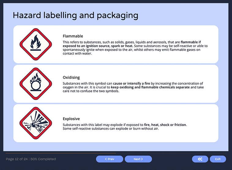 Course screenshot showing hazard labelling and packaging