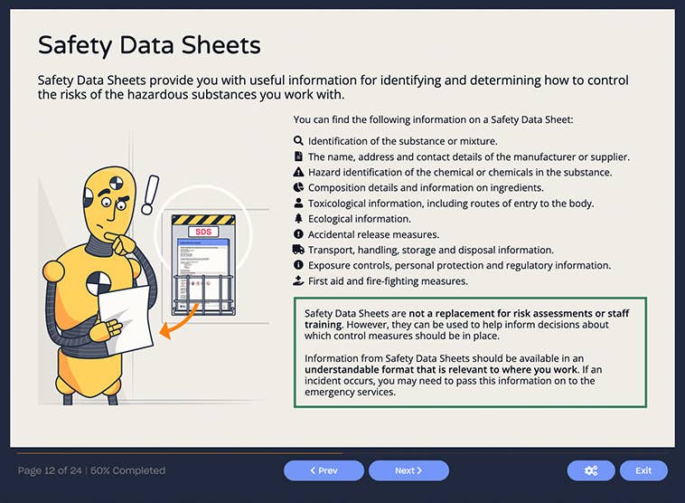 Course screenshot showing safety data sheets