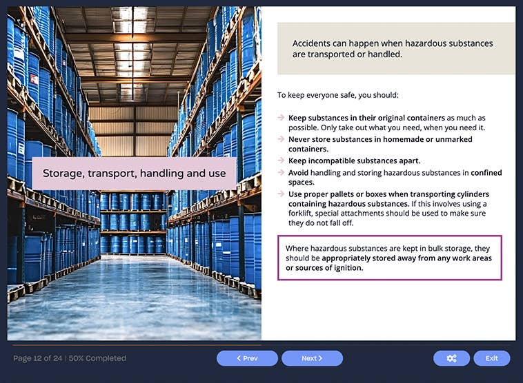 Course screenshot showing storage, transport handling and use