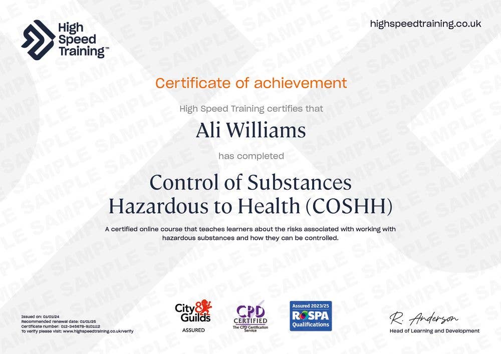 Sample Control of Substances Hazardous to Health (COSHH) Certificate