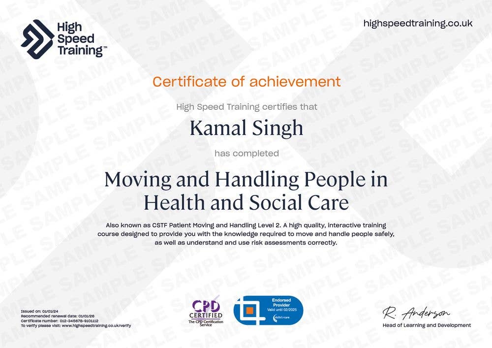 Sample Moving and Handling People in Health and Social Care certificate