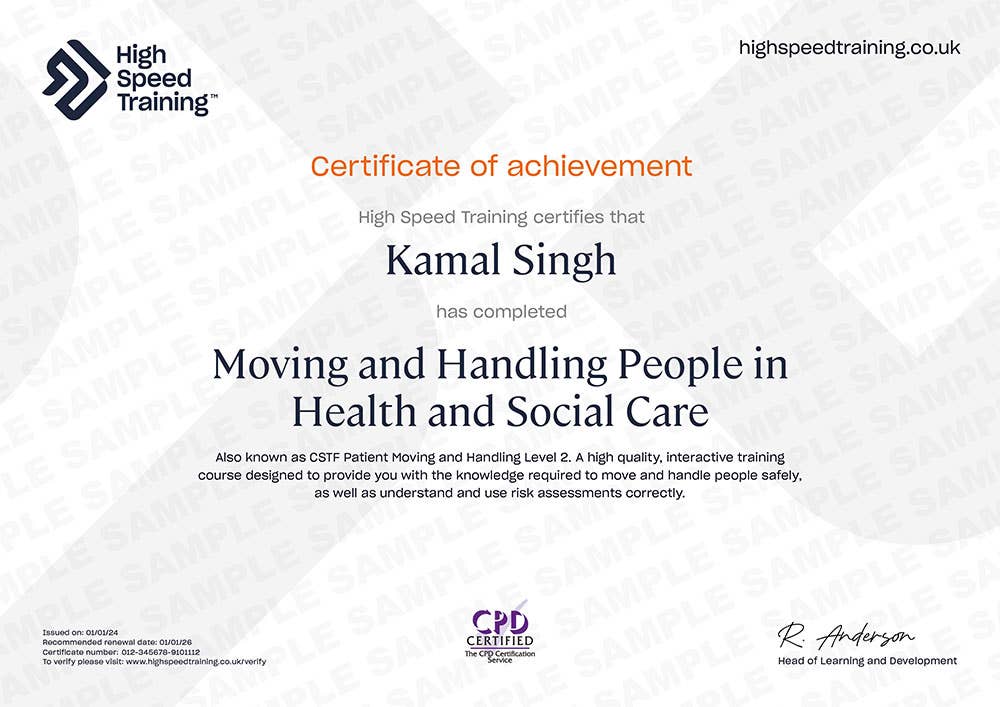 Sample Moving and Handling People in Health and Social Care certificate