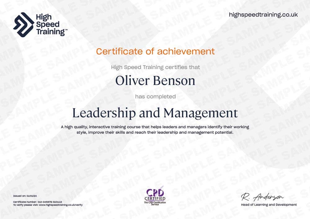 Sample Leadership and Management certificate