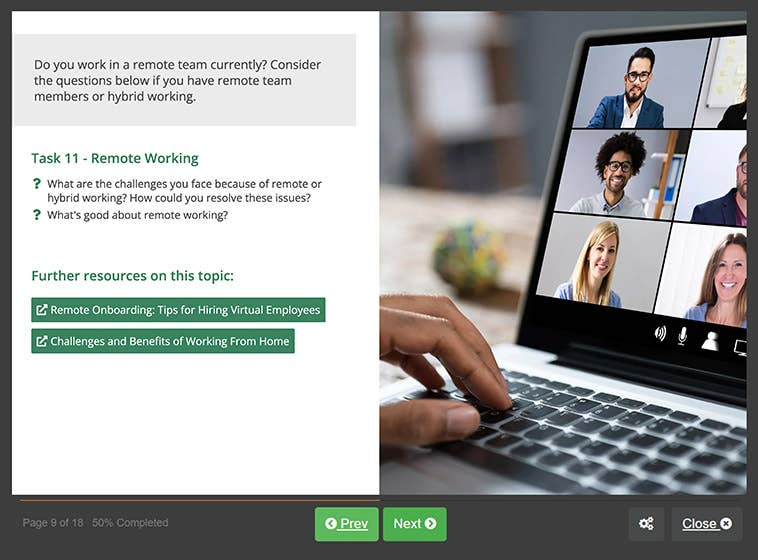 Course screenshot showing remote working