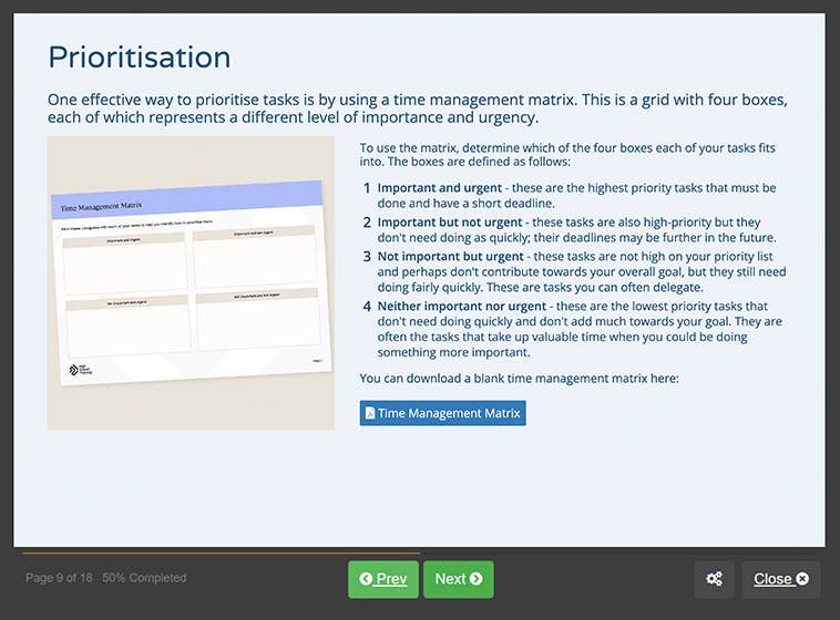 Course screenshot showing prioritisation