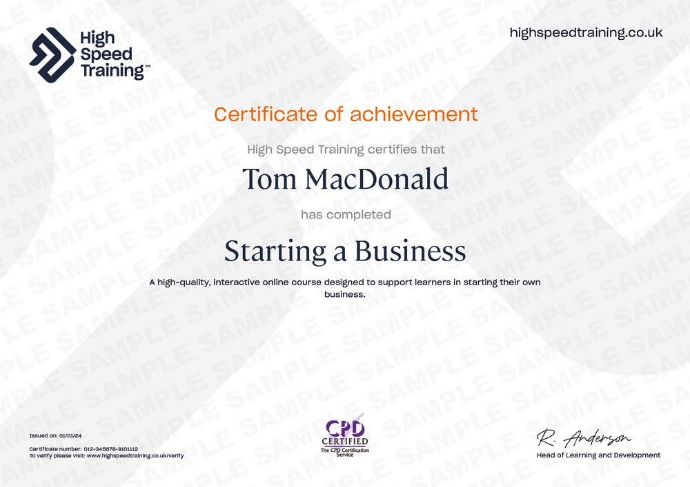 Sample Starting a Business certificate