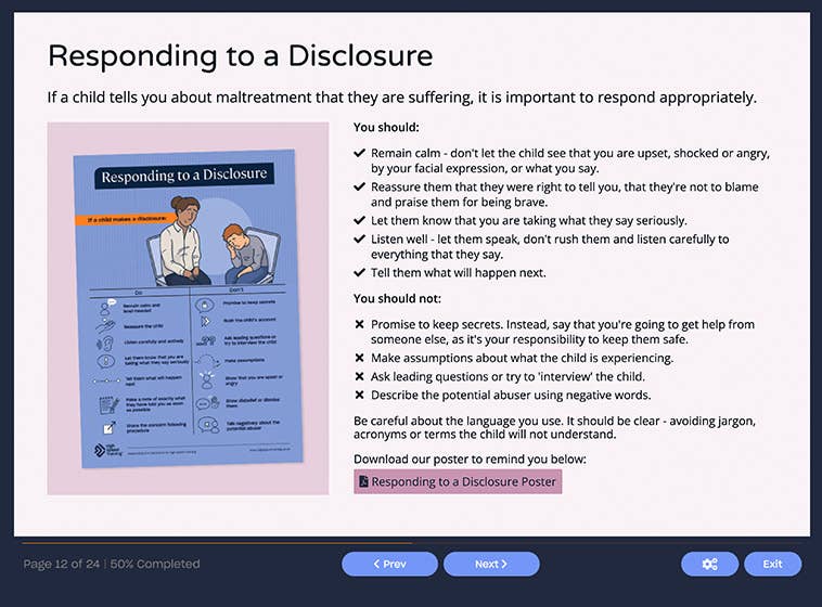 Course screenshot showing how to respond to a disclosure