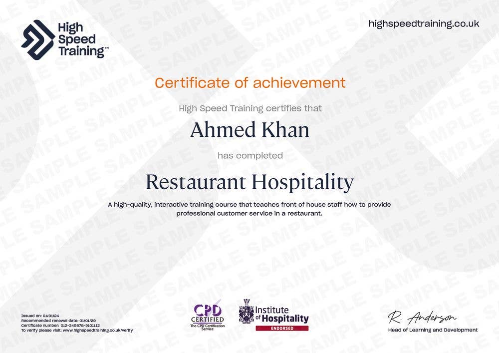 Restaurant Hospitality - Example Certificate