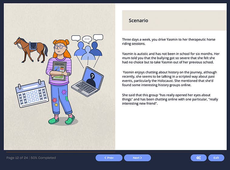 Course screenshot showing a safeguarding scenario