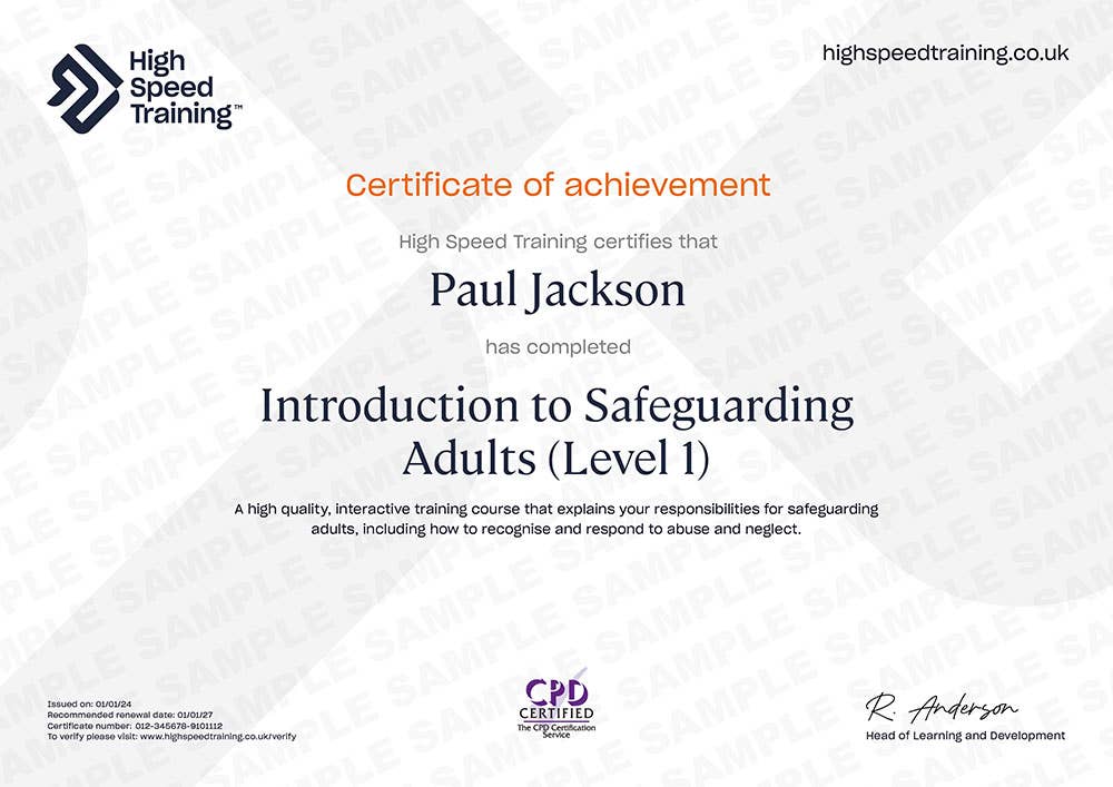 Sample Introduction to Safeguarding Adults (Level 1) Certificate