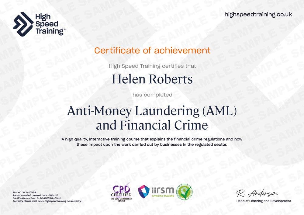 Sample Anti-Money Laundering (AML) and Financial Crime certificate