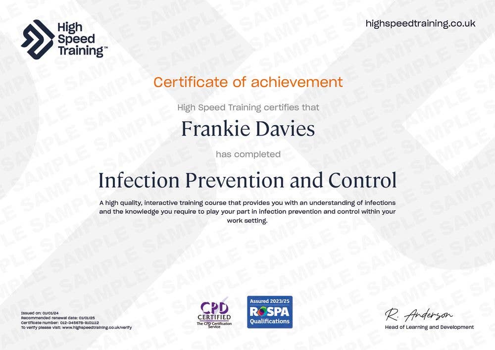 Sample Infection Prevention and Control certificate