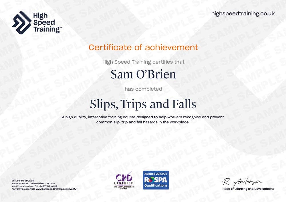 Slips, Trips and Falls - Example Certificate