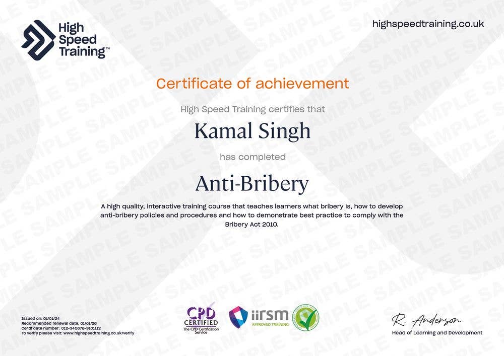 Sample Anti-Bribery Certificate