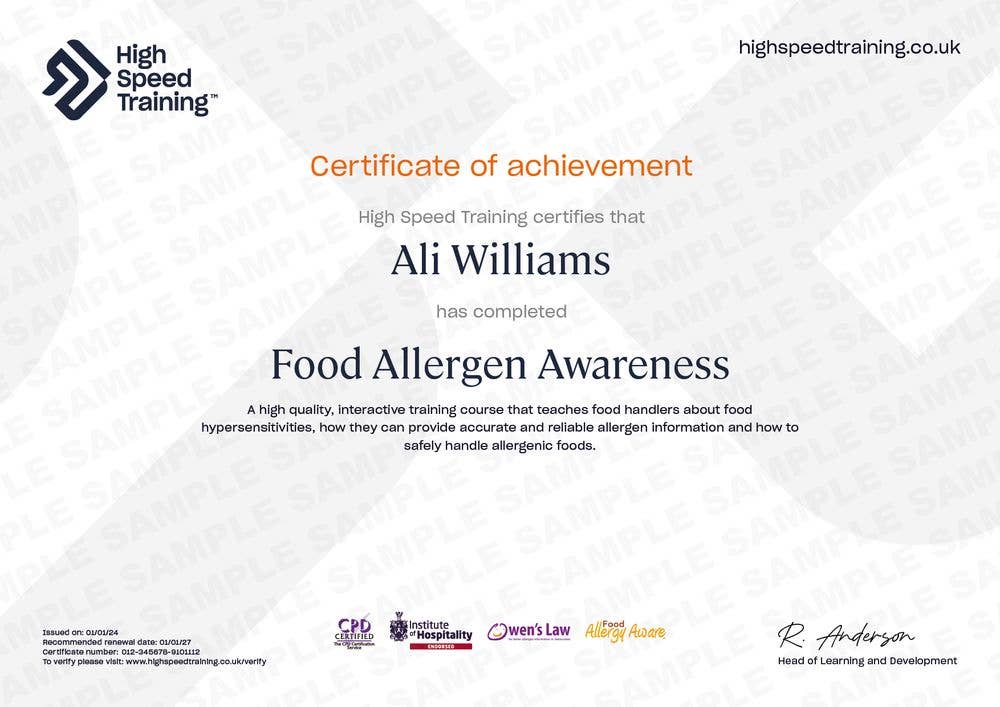 Sample Food Allergen Awareness Certificate