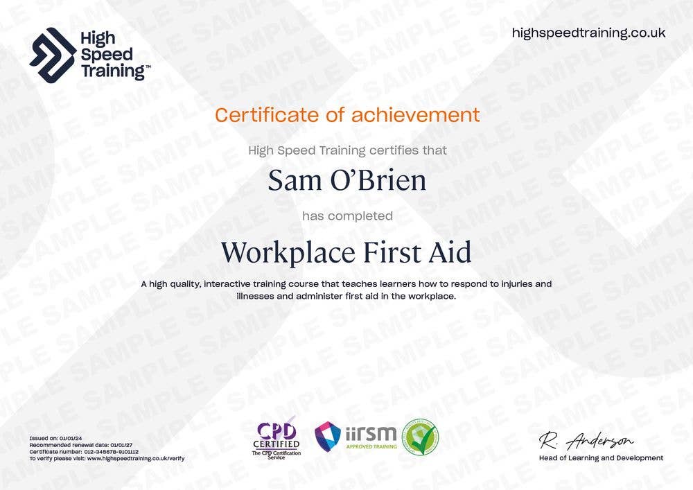 Sample Workplace First Aid certificate