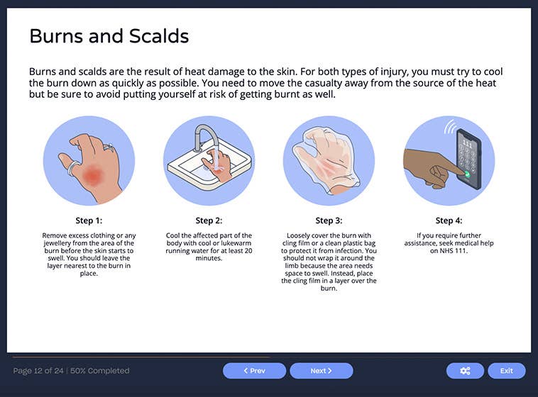 Course screenshot showing burns and scalds