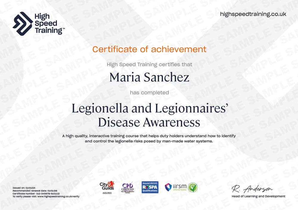 Sample Legionella and Legionnaires' Disease Awareness Certificate