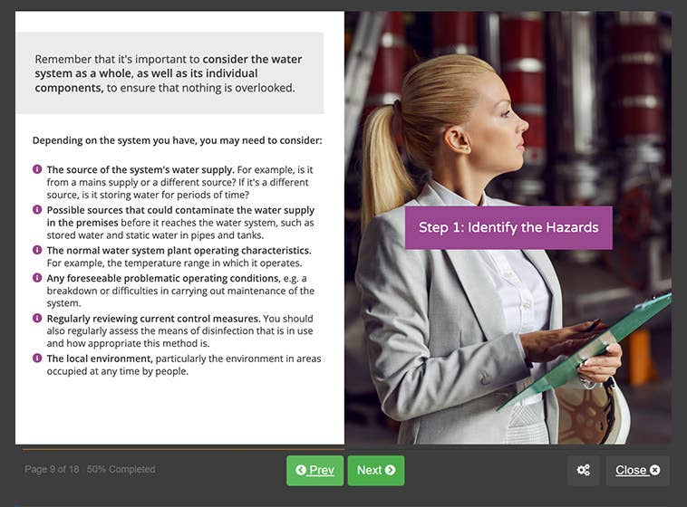 Course screenshot showing the first step to identifying hazards