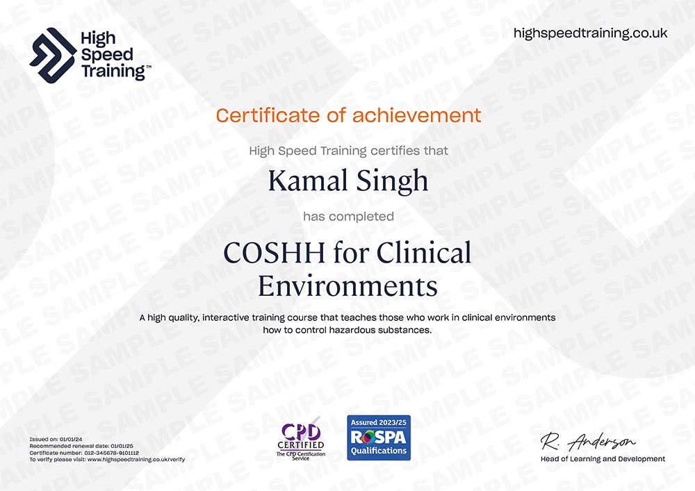 Example Certificate for the COSHH for Clinical Environments Course