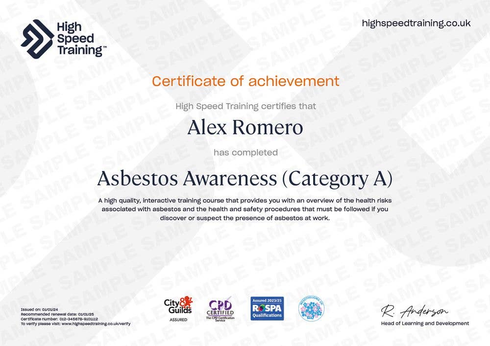 Sample Asbestos Awareness (Category A) Certificate