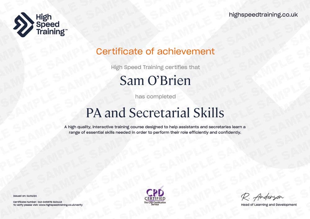 Sample PA and Secretarial Skills certificate